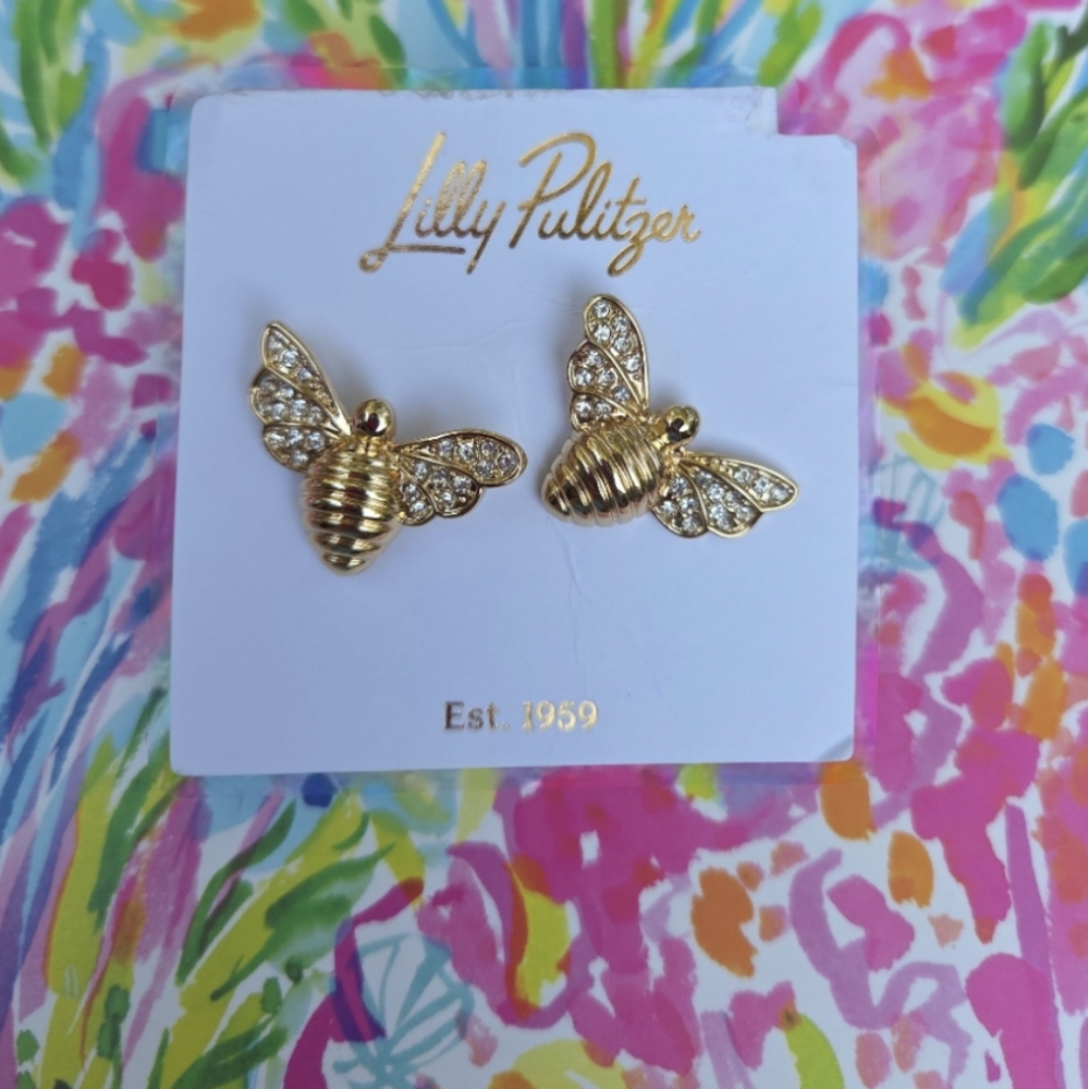 Lilly Pulitzer Bee Earrings Rhinestone And Gold Metallic Pierced NEW